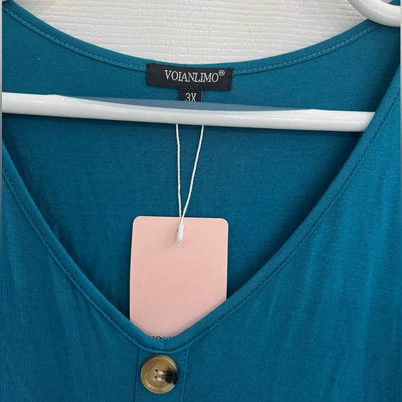 NWT Voianlimo (Amazon) Women's 3X Blue/Green Short Sleeve V-Neck Midi Dress - Picture 2 of 9